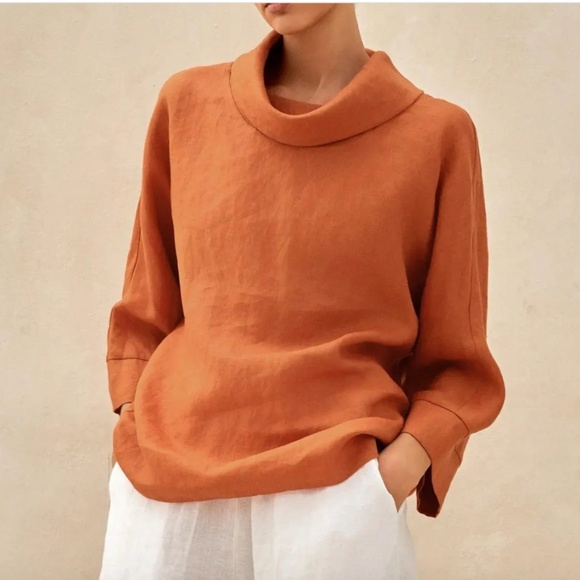Lintico 100% Linen Orange Dropped Collar Long-Sleeve Top Size Small - Picture 1 of 6
